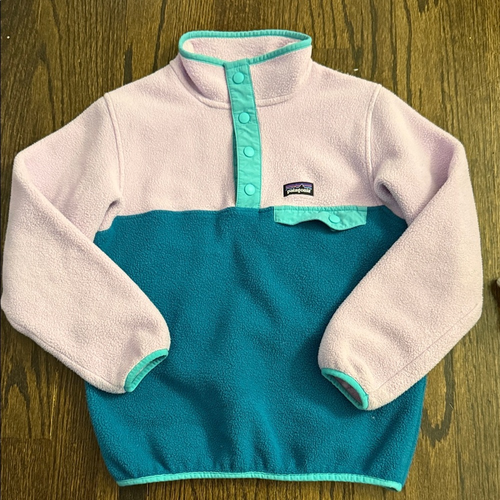 Patagonia Kids' Pink and Teal Fleece pullover size s 7/8